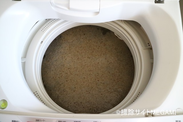 酸素系漂白剤で剥がれた茶色いカスが水面いっぱいに浮いた洗濯槽