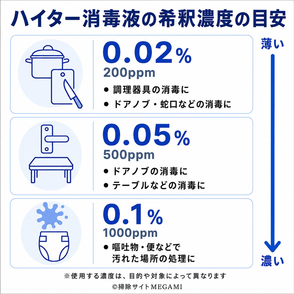 ハイター消毒液0.02%・0.05%・0.1%の希釈濃度の目安