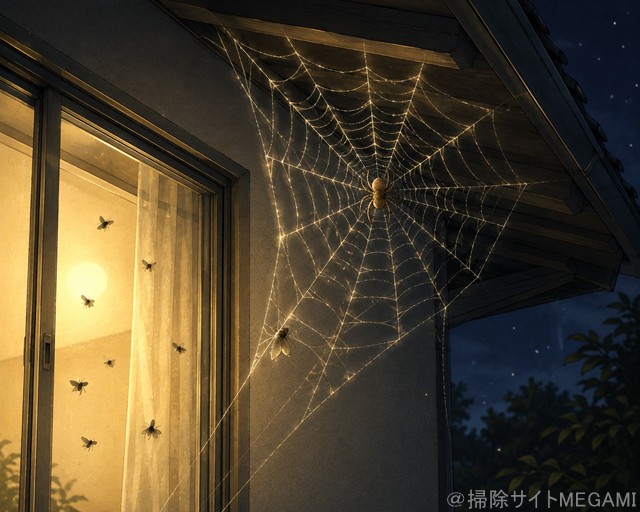 灯りが漏れる窓に集まる虫と蜘蛛の巣