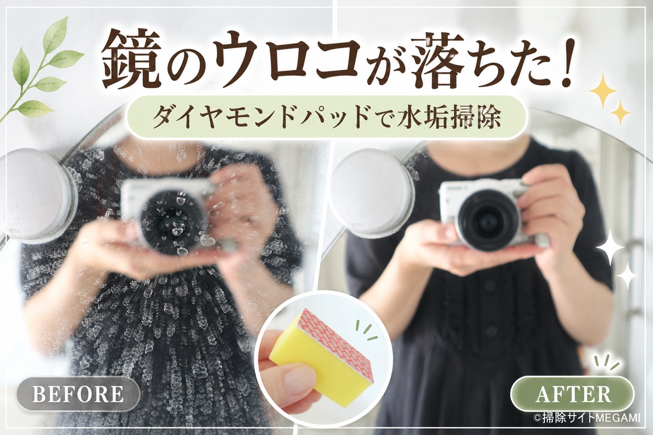 お風呂の鏡のウロコ取り|頑固な水垢をダイヤモンドパッドで落とした方法